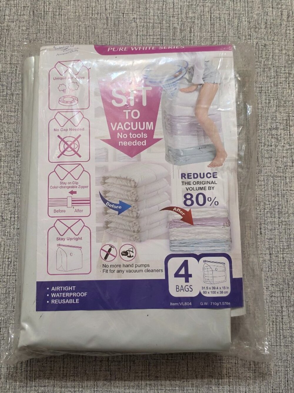 Taili Vacuum Storage Bags Sit to Vacuum 4 Large Bags 31.5" x 39.4" x 15" New
